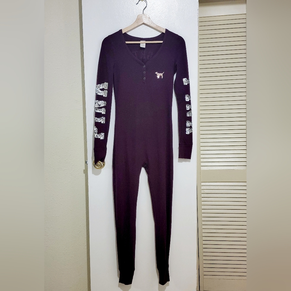 PINK Victoria's Secret XS Long John's Full Body Suit /w Snap Butt & Sequin Sayin